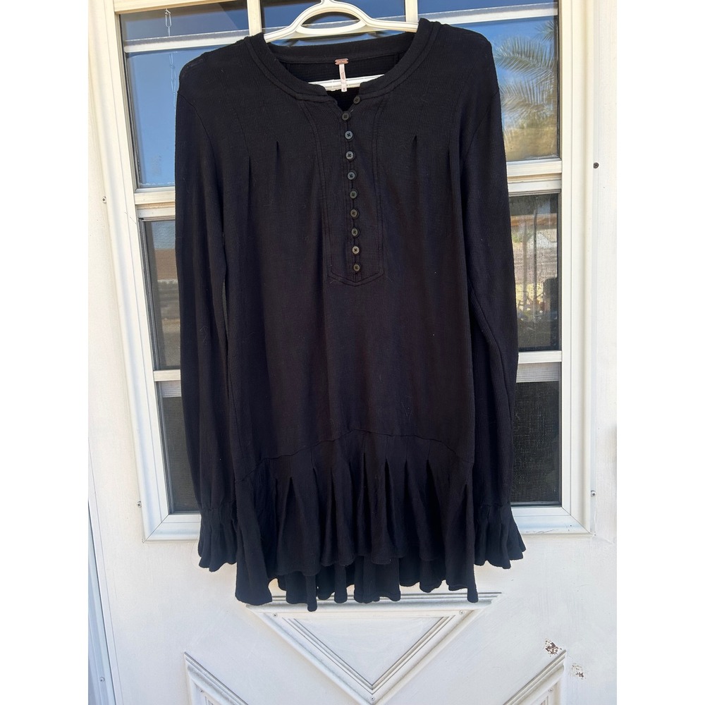 Free People Blackβ Ribbed Knit Ruffle Hem Henley Tunic Mini Dress M Whimsigoth